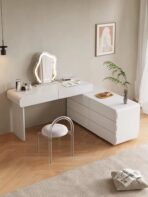 Modern White Wooden Dressing Table with Mirror & Storage – Elegant Makeup Vanity Desk for Bedroom