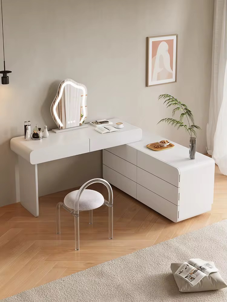 6B261E68-1375-49EC-88B3-867004298BE5 Modern White Wooden Dressing Table with Mirror & Storage – Elegant Makeup Vanity Desk for Bedroom - Image 1