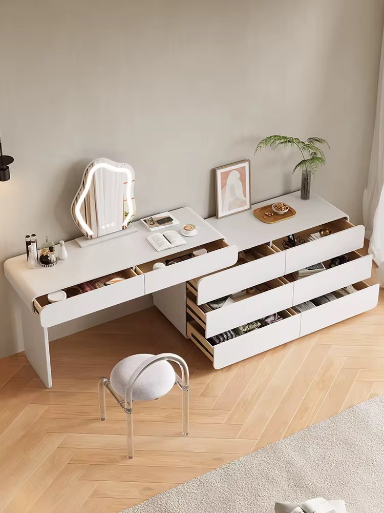 CA6BE343-9CCA-4860-AE15-338DC9298C22 Modern White Wooden Dressing Table with Mirror & Storage – Elegant Makeup Vanity Desk for Bedroom - Image 3